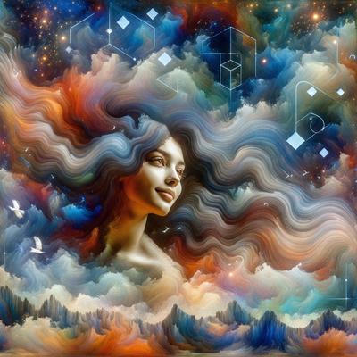 The primary subject of the image is a woman with long hair, who is the main focus of the scene. She is smiling and appears to be the central figure in the artwork. The setting is a colorful, abstract background that features a cloudy sky and a mountainous landscape. The visual style of the image is a combination of digital art and illustration, creating a vibrant and dynamic scene. The colors and mood of the image are lively and cheerful, with the woman's smile and the bright, color